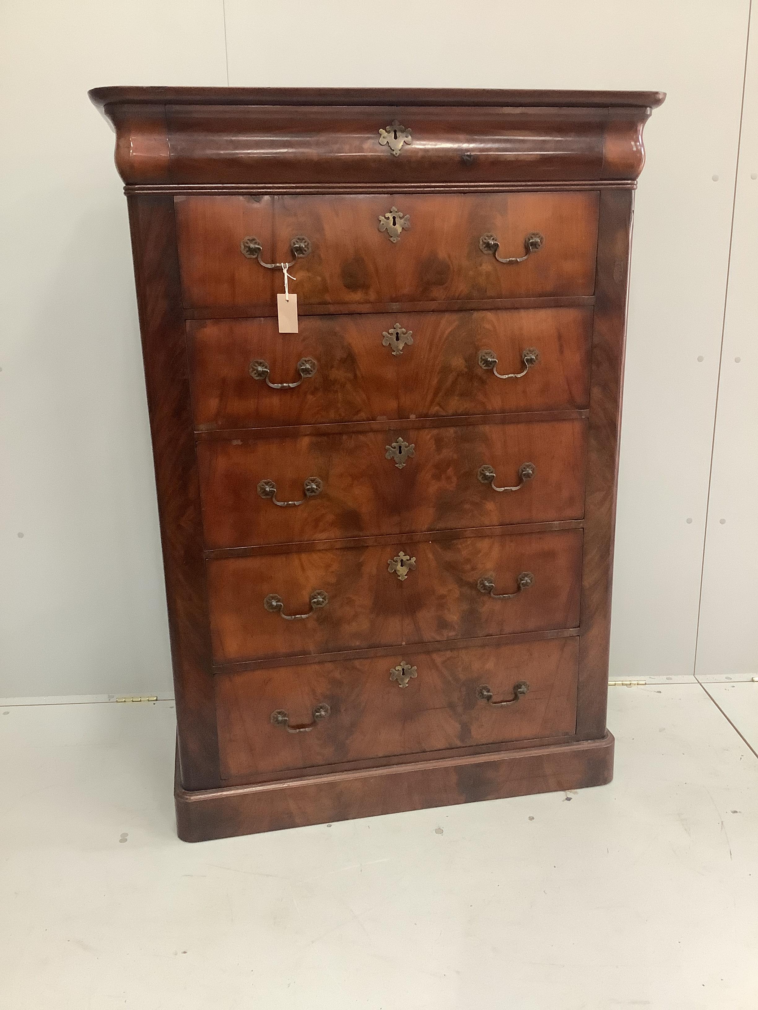 A 19th century French mahogany six drawer tall chest, width 104cm, depth 50cm, height 145cm